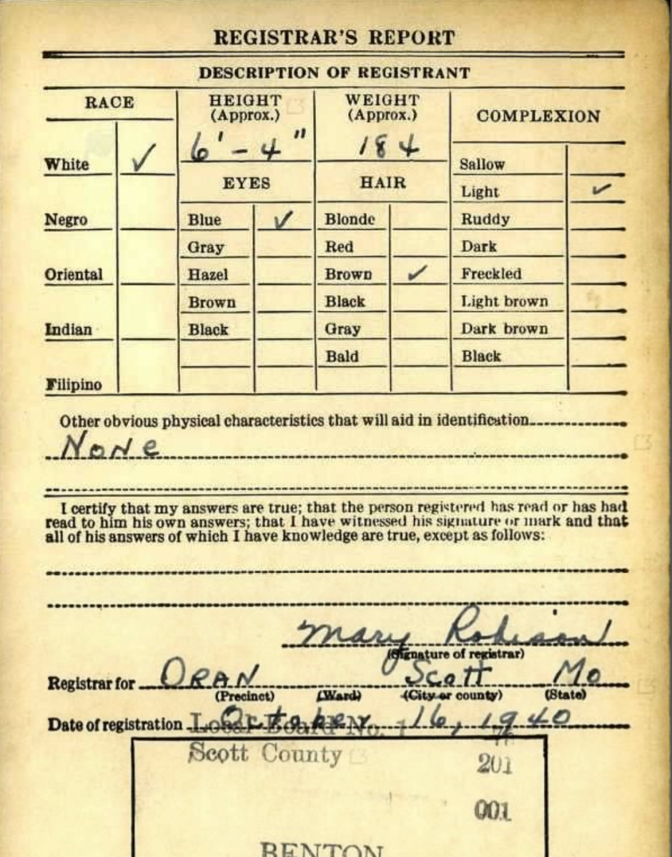Example of the information on the second page of a military draft registration. 