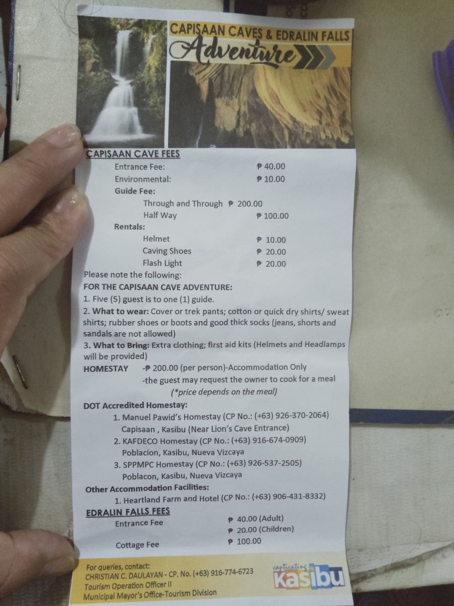 Pamphlet from the Information Center of Capisaan Cave System. It includes the spelunking rates and rentals of gear as of February 2020.