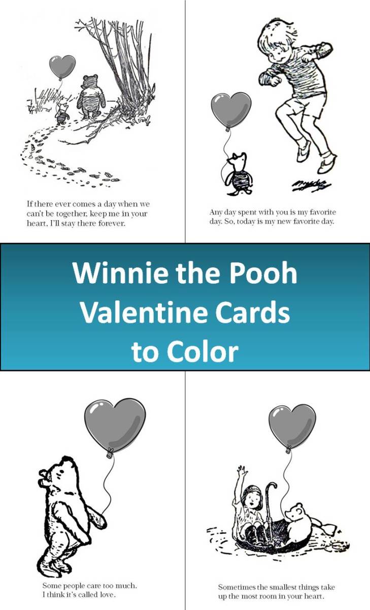 Printable Craft Winnie the Pooh Valentines Cards to Color Featuring EH Shepard’s Art