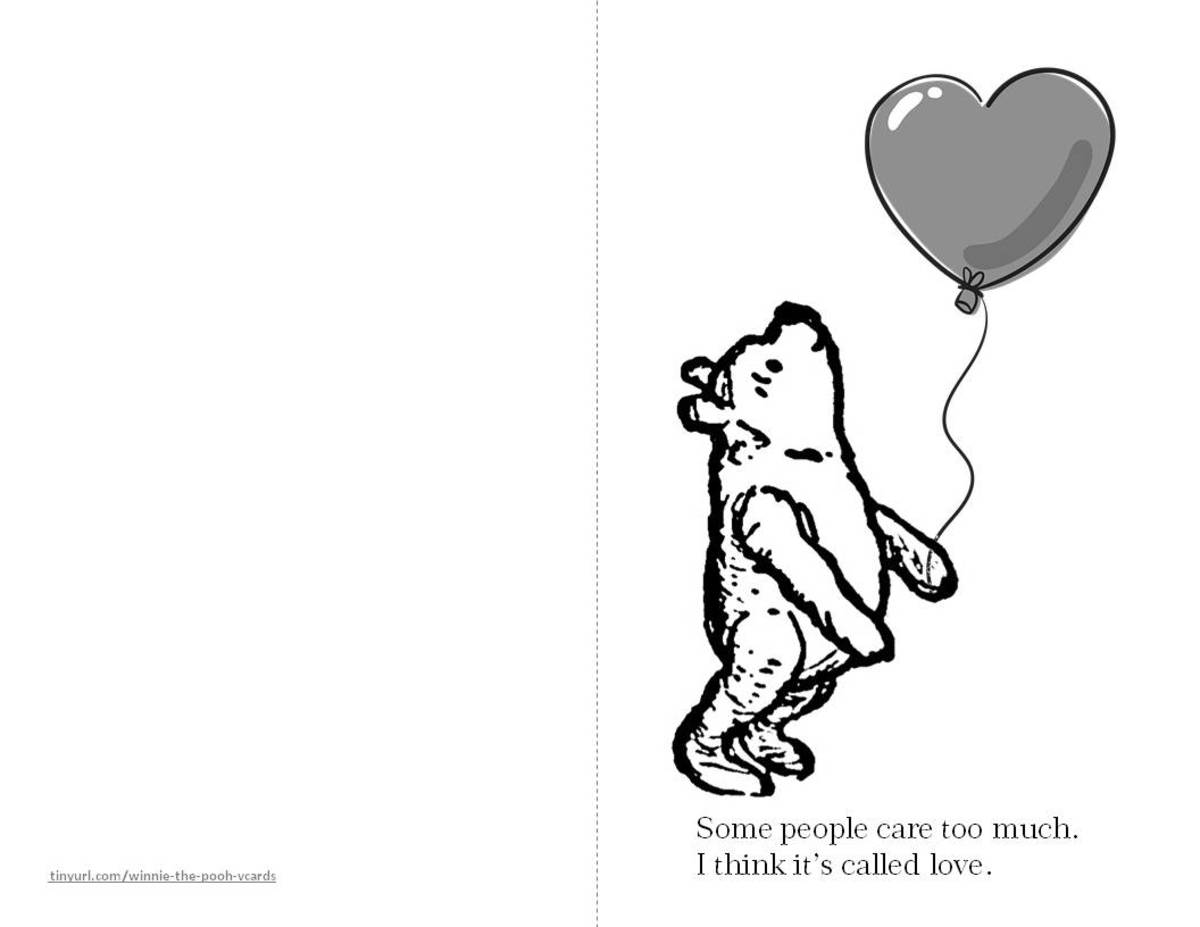 Winnie the Pooh with a heart-shaped balloon in this Valentine card.