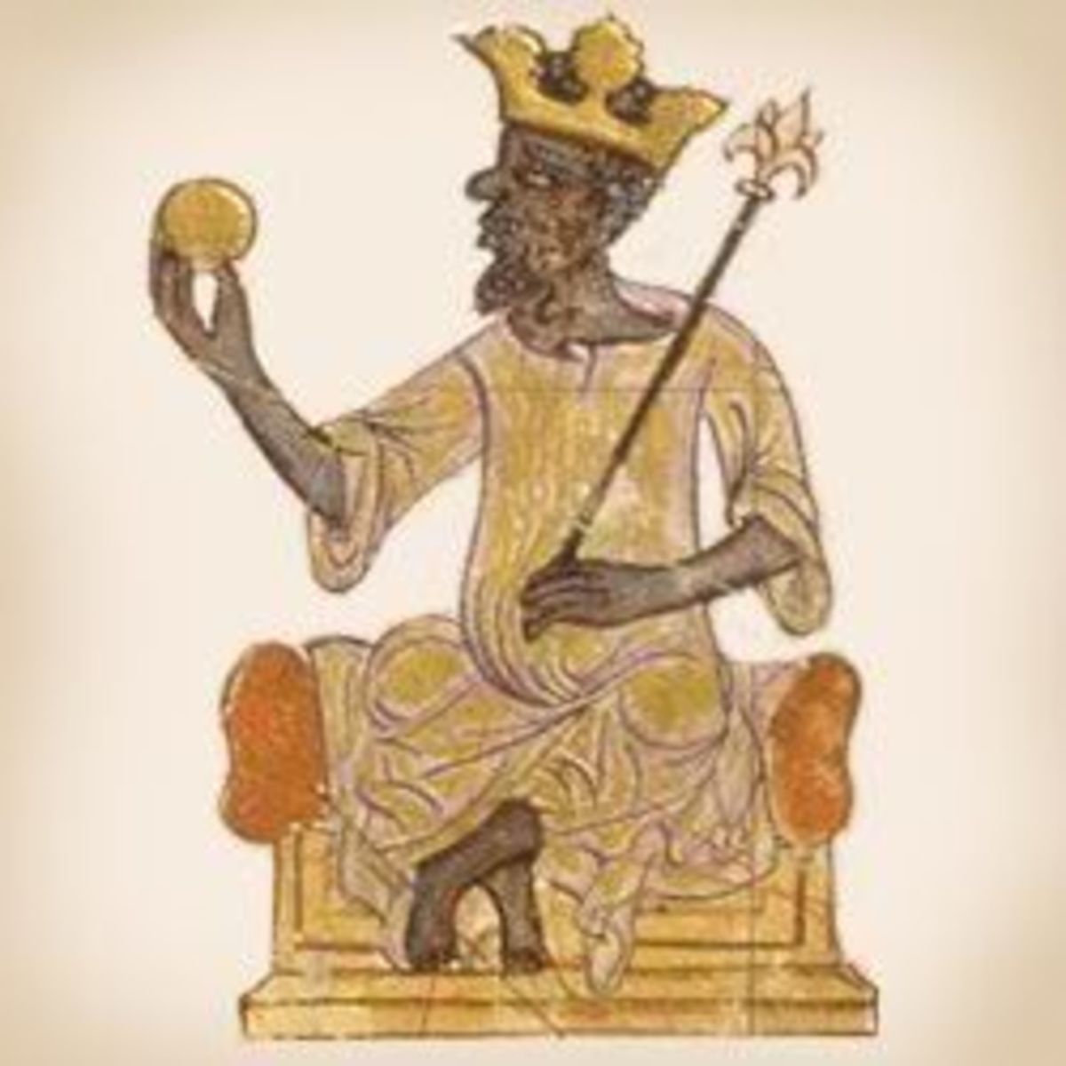 Mansa Masu on his gold throne holding a large gold coin.