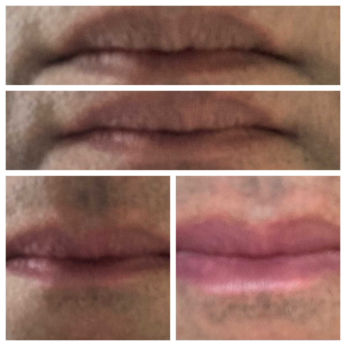 Top no lipstick.  Middle, with a matt pale lipstick.  Bottom, the pale lipstick overlain with a darker shade to create a blended look.  The lipsticks used are shown above.
