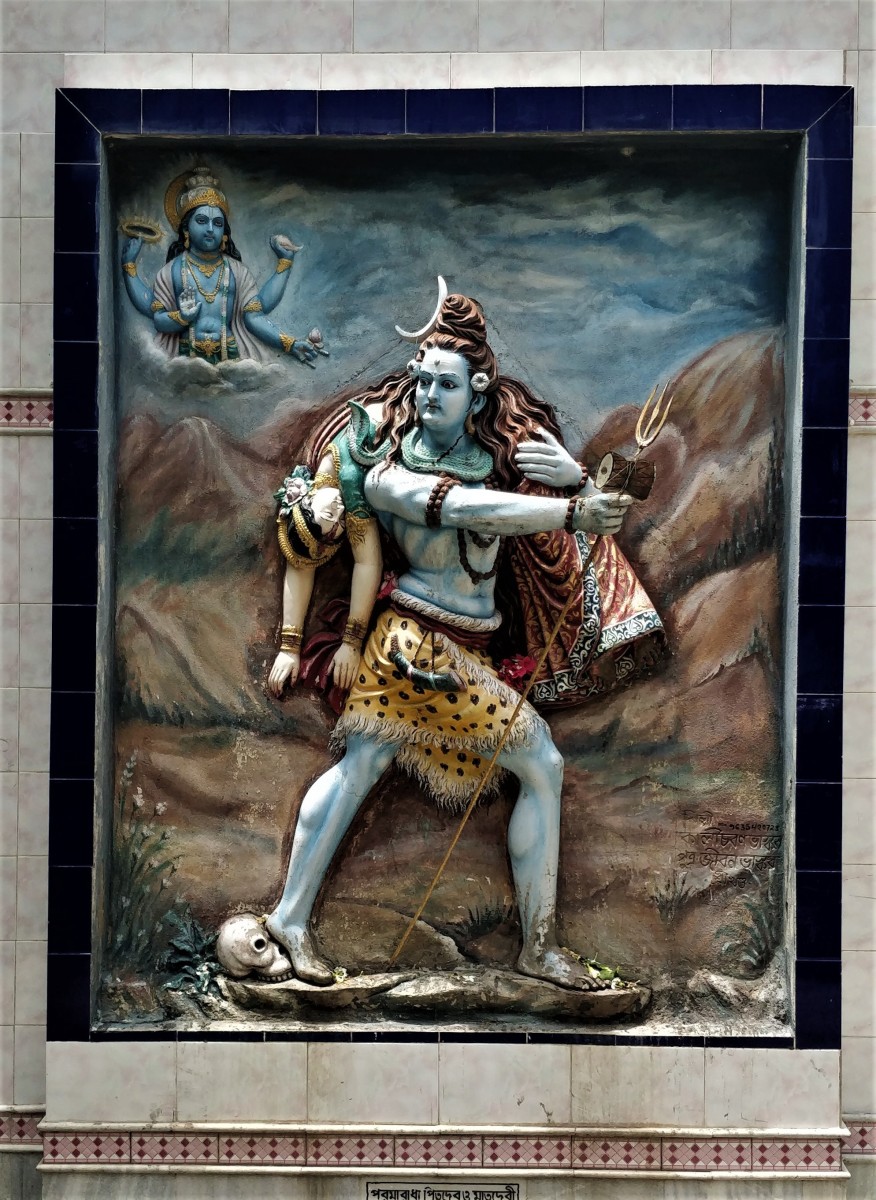 Shiva with the corpse of Sati, his wife. Fresco from Bhutnath temple, Ketugram, Purva Bardhaman.