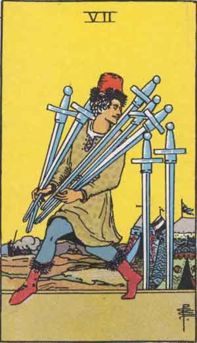 The Seven of Swords indicates a person who thinks they're going to get away with something that's deceptive. They're proud of their sneaky activity.