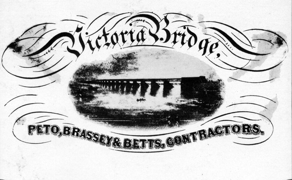 Handbill showing Victoria Bridge and names of contractors. Montreal, Quebec, Canada, 1850s