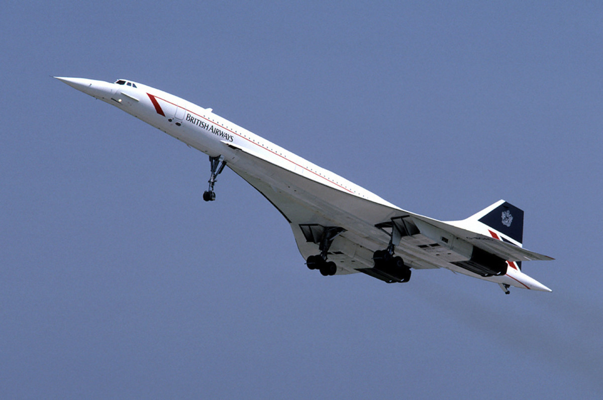 The supersonic passenger aircraft Concorde. Aircraft have  slim, streamlined profiles to reduce drag.