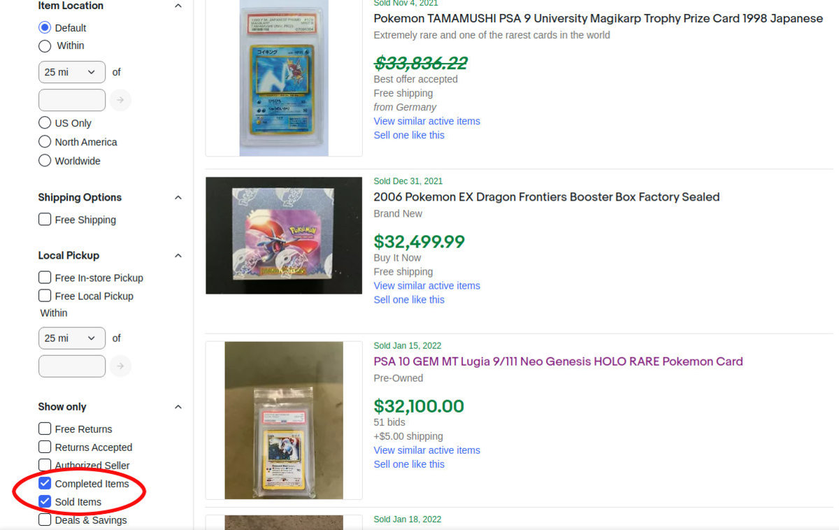 Screenshot of where to click to see only sold items on eBay