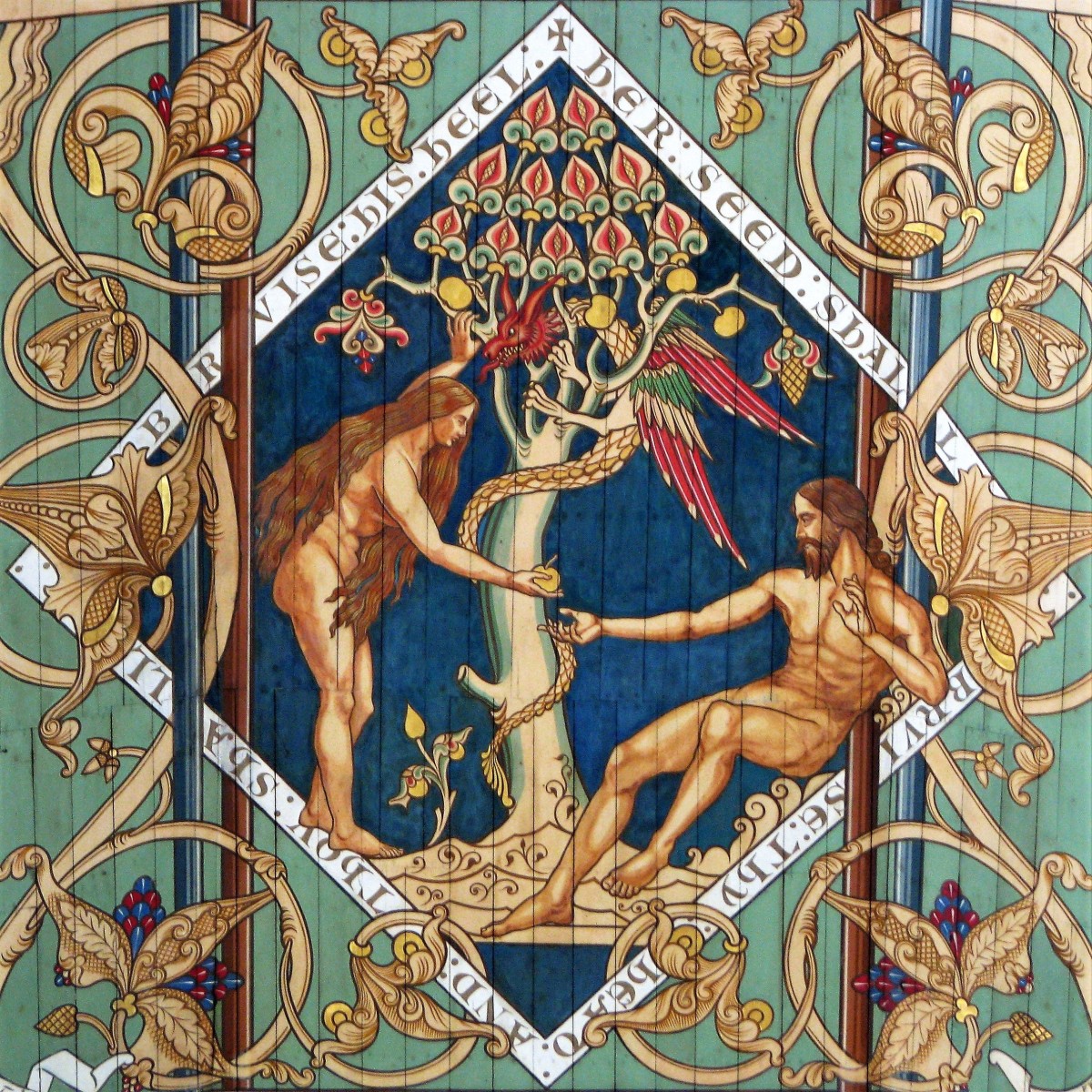 An ornamental image of Adam and Eve with the forbidden fruit, watched by the snake on the tree of knowledge