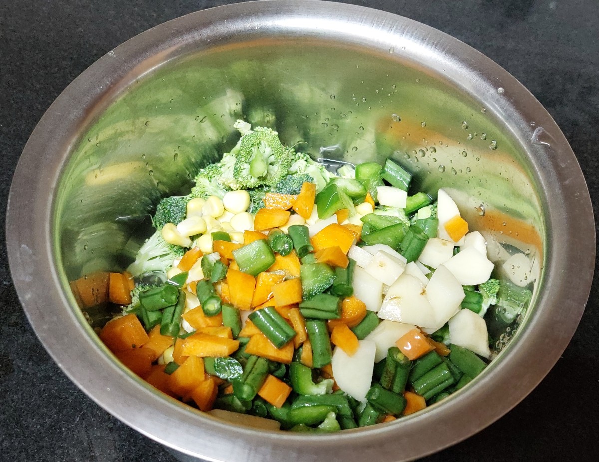 Take all vegetables in a vessel, add 1/2 cup of water (or enough just to immerse the vegetables). Close the lid and cook over medium flame.