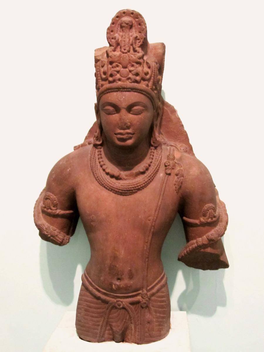 Vishnu (red sandstone). Gupta (mid. 5th century AD), Mathura, U.P. HxWxD (cm): 109x67x22. (Information from museum plaque.) National Museum, New Delhi.