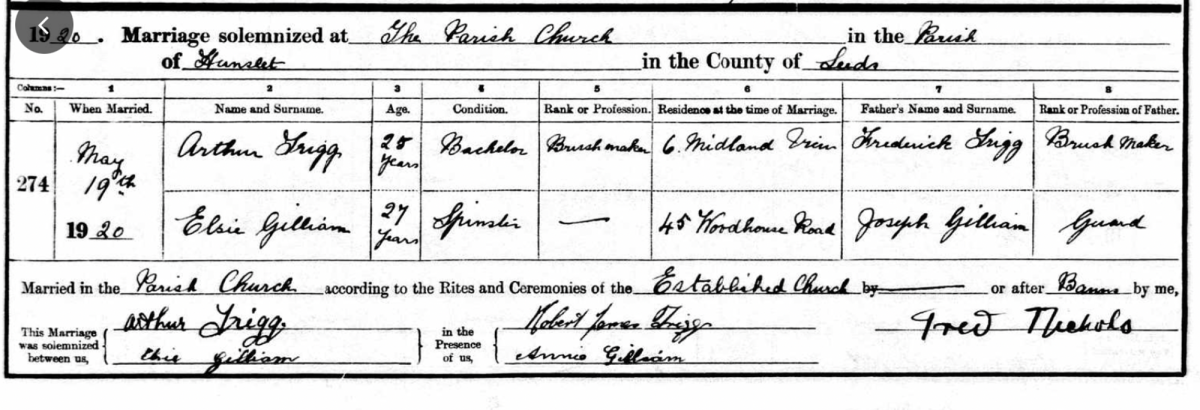 The marriage certificate of Arthur and Elsie Trigg in 1920.