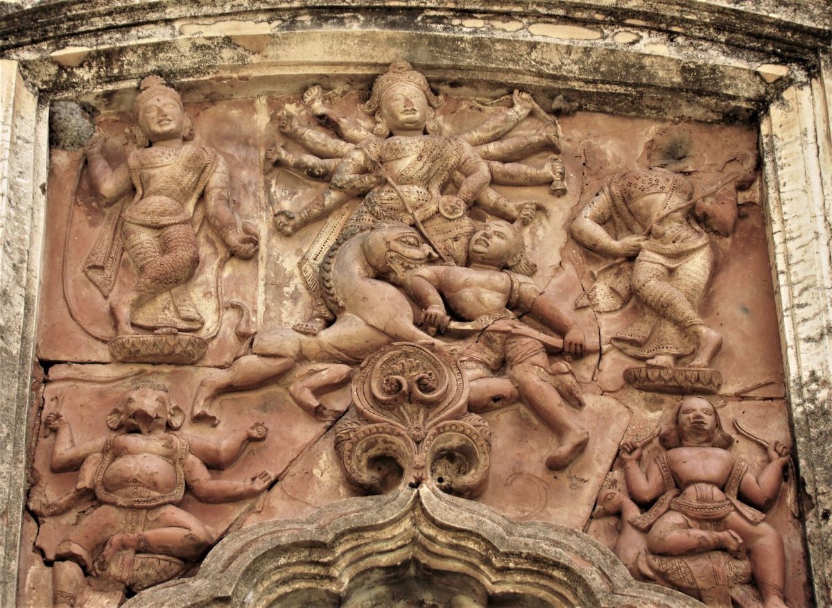 The usual picturization of Goddess Durga riding a lion; terracotta; Damodar temple, Hadal Narayanpur, District Bankura, West Bengal