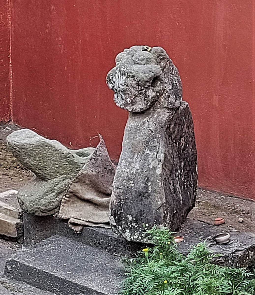 Ancient stone tiger/lion pillar outside the temple; Dirgheshwari