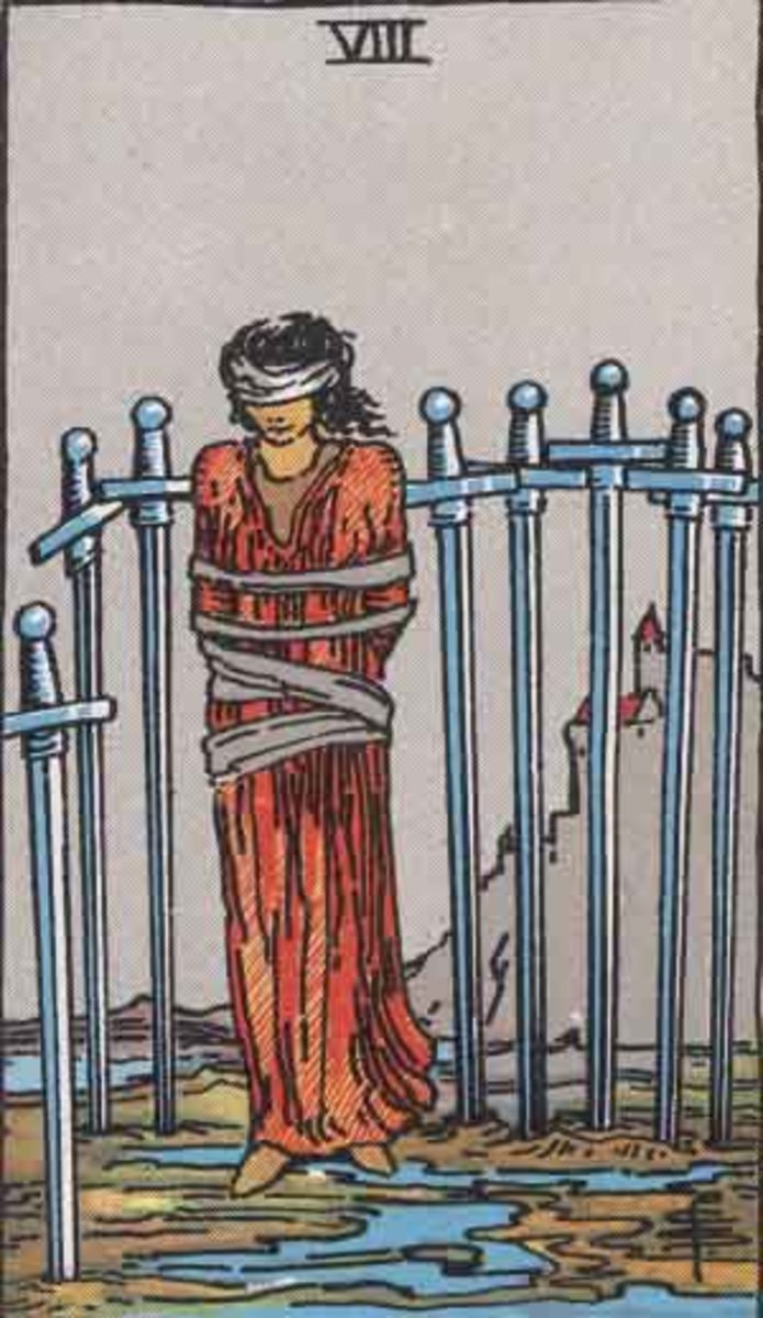 The Eight of Swords shows a woman who is tied up and has a blindfold over her eyes. If she doesn't try to escape bad things could happen, but if she makes the wrong move she could get hurt by one of the swords.