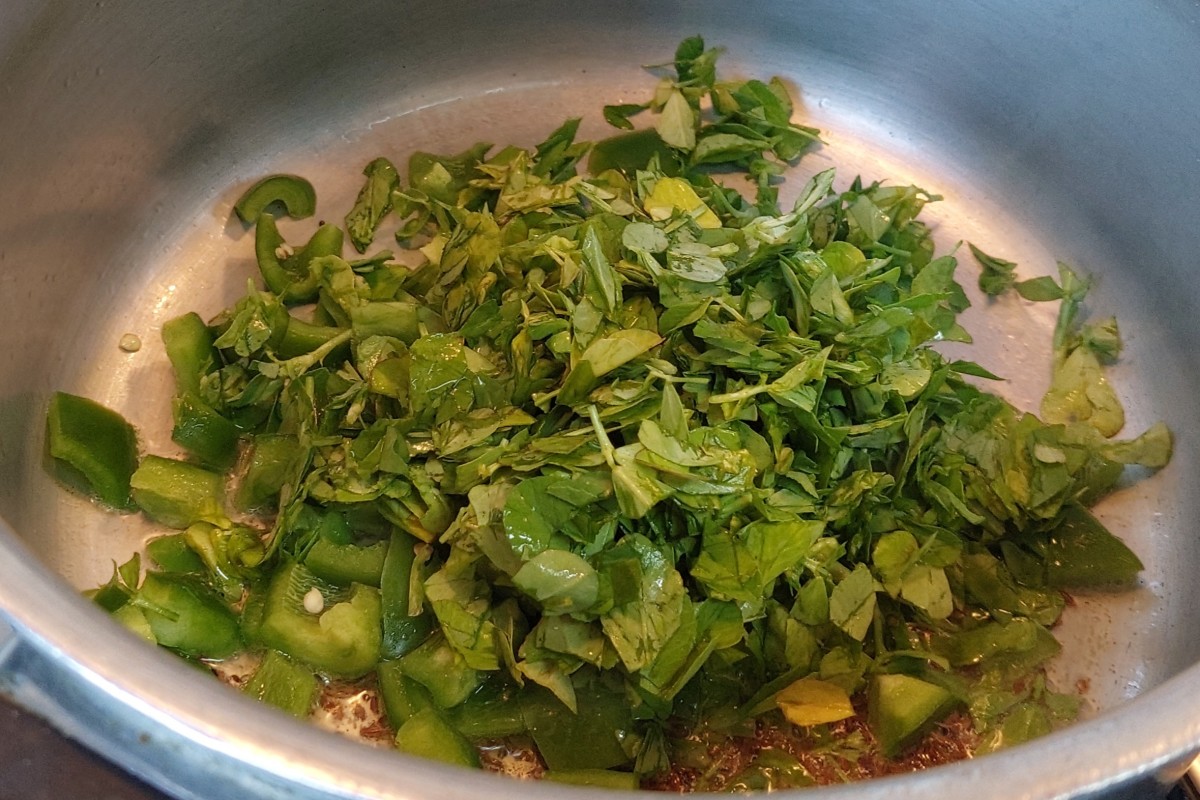 Add chopped methi leaves, fry for a minute.