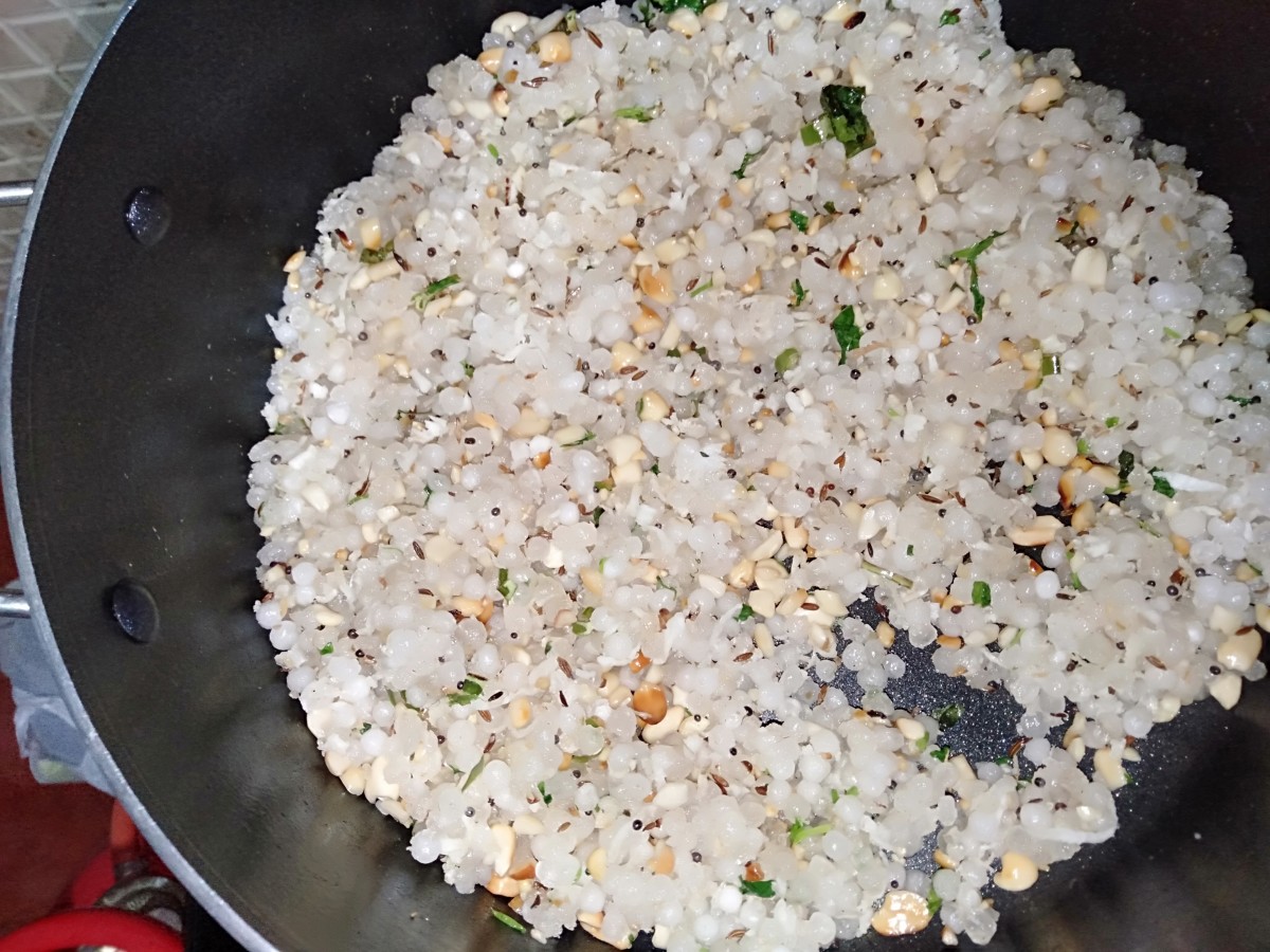 Add crushed peanuts, grated coconut, and sabudana. Mix well. Stir over low flame for 4 to 6 minutes until sabudana loses its opacity and starts becoming translucent. When it turns translucent, it is cooked. Add chopped coriander leaves.