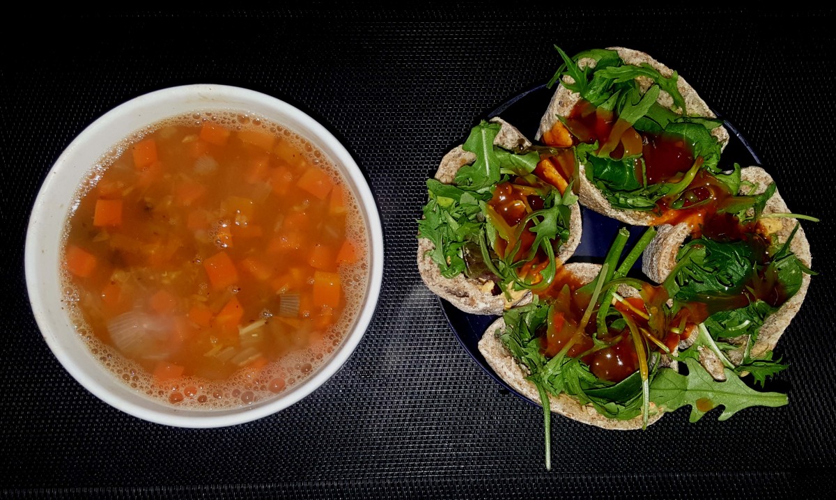 For lunch I might have vegetable soup with hummus pittas stuffed with salad and drizzled with sweet chilli sauce