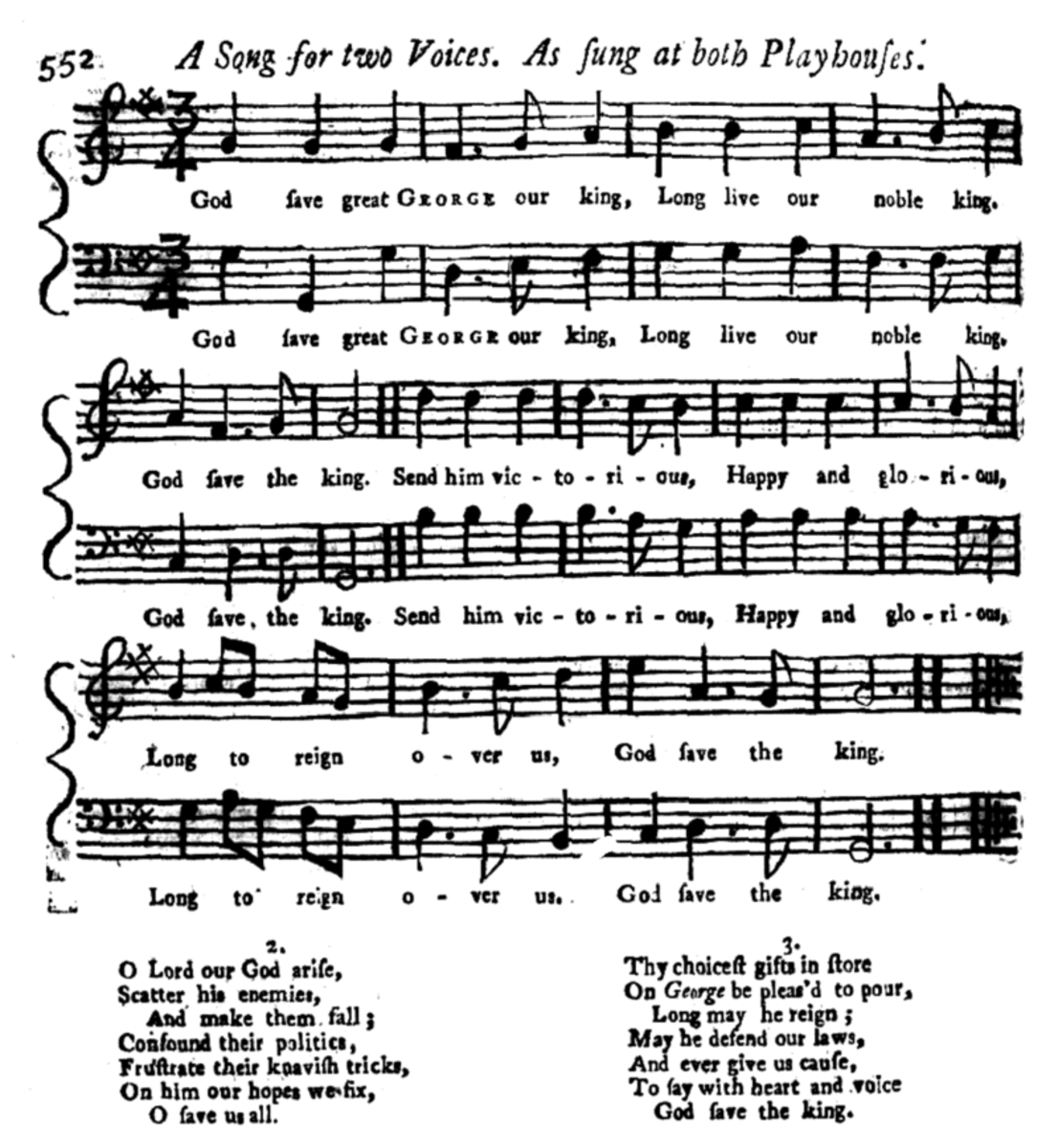 A music sheet from 1745, the year God Save the King/Queen arrived in Britain.