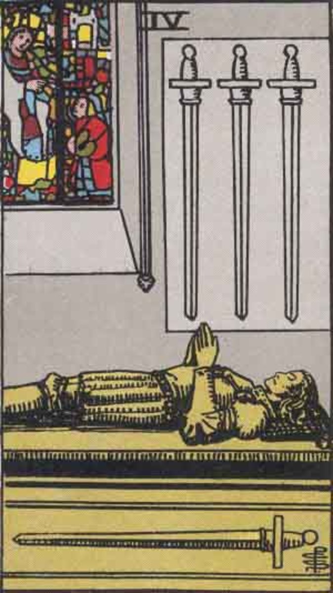 The Four of Swords is a somber card. A knight has died and he leaves behind his wife and child. The knight took on too much, and the consequences were big. It's important to pace yourself and know when to stop fighting. 