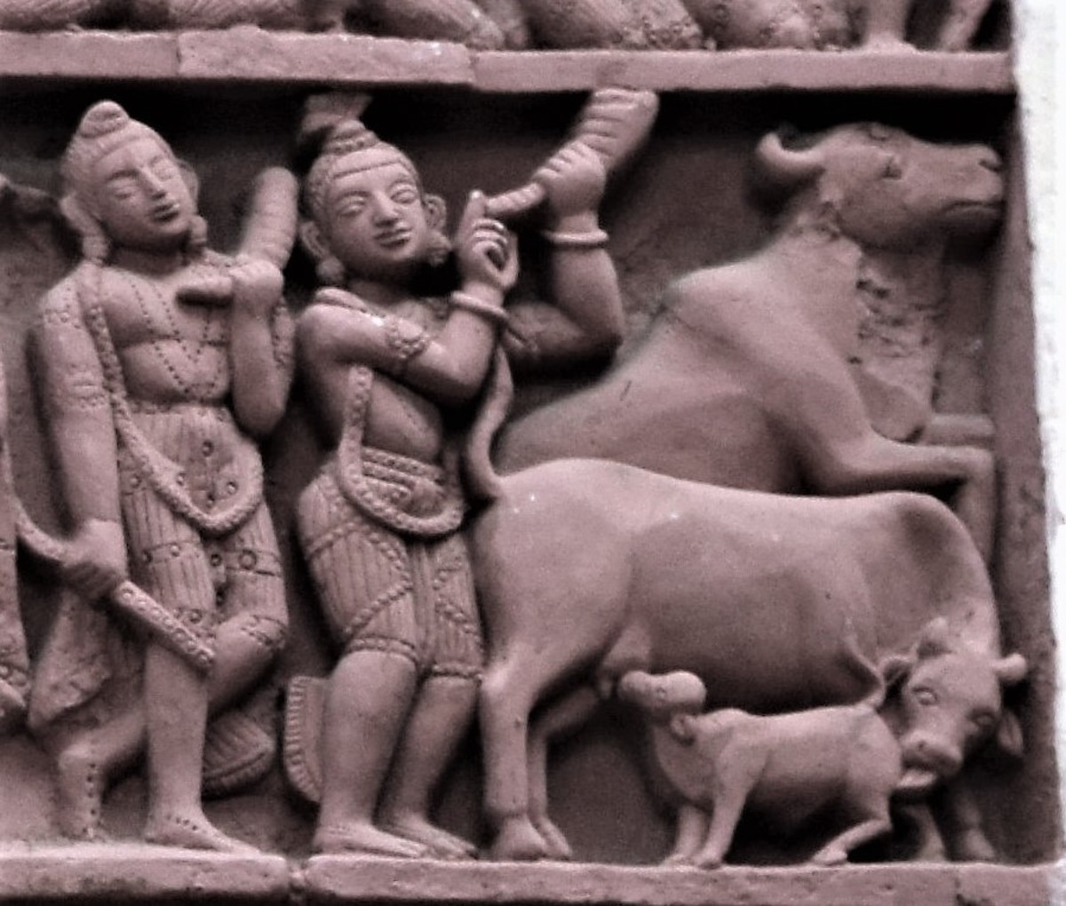 Gostha Leela : Kroishna and Balarama as cowherds; terracotta; Lakshmi Janrdana temple; Ilambazar, district Birbhum