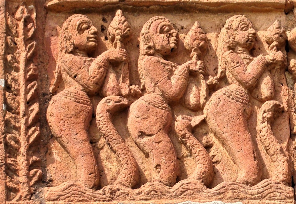 Nag Kanyas from Kalia daman scene; terracotta; Jorbangla temple; Vishnupur; Bankura district, West Bengal