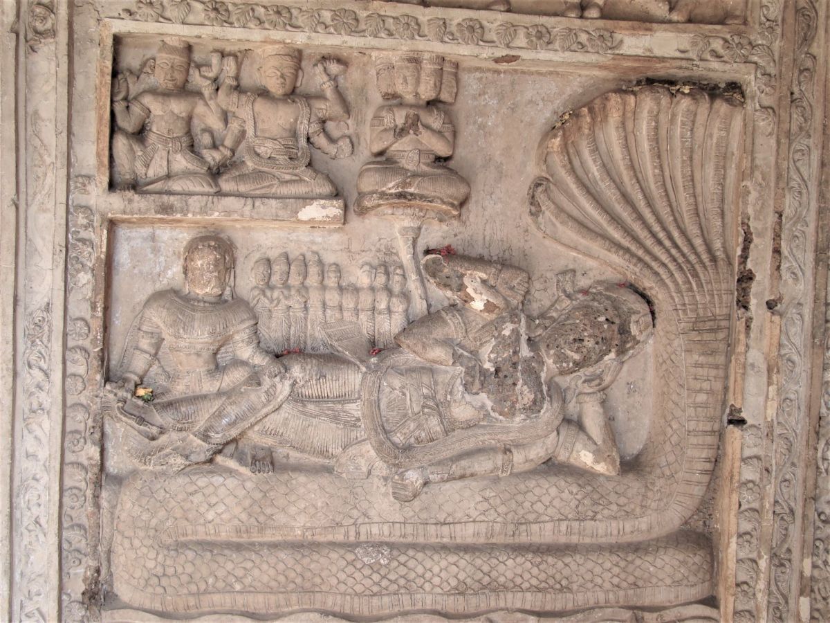 Lord Vishnu on Shesha Naga; stucco on stone; Radhe Shyam temple, Vishnupur,Bankura district, West Bengal