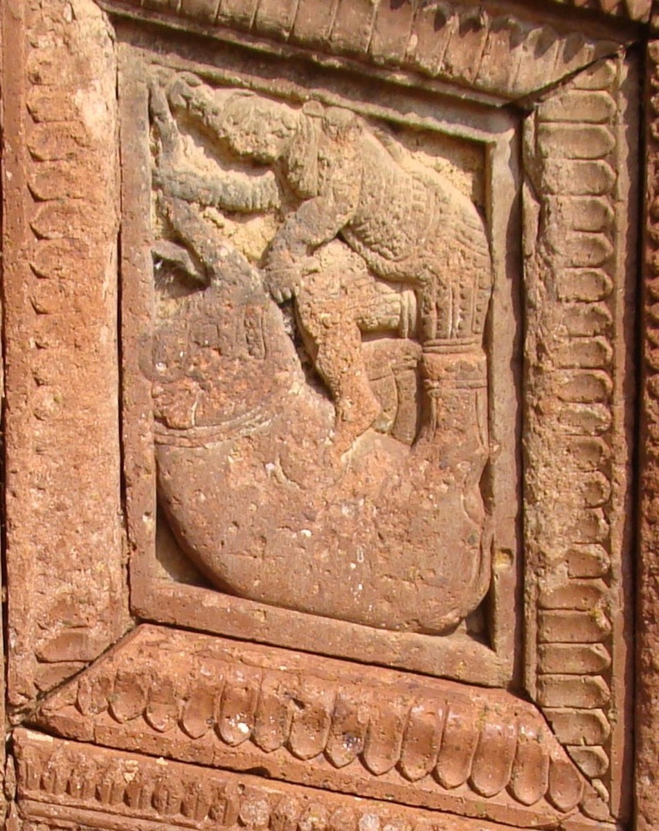 Bakarama killing the elephant Kubalayapeer; stone work; Ganpur; Birbhum district, West Bengal