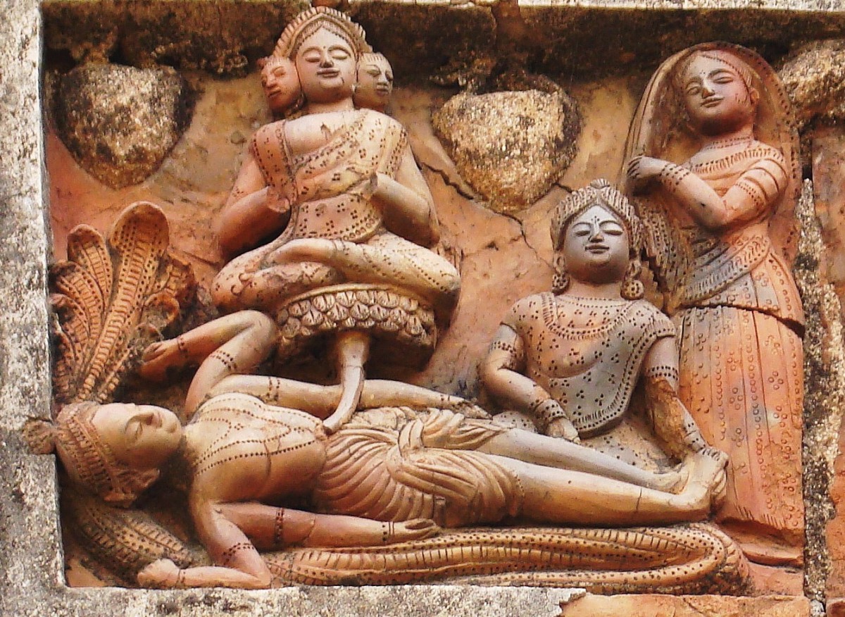 Vishnu on Shesha Naga; terracotta; Sridhar temple, Sonamukhi, Bankura district, West Bengal