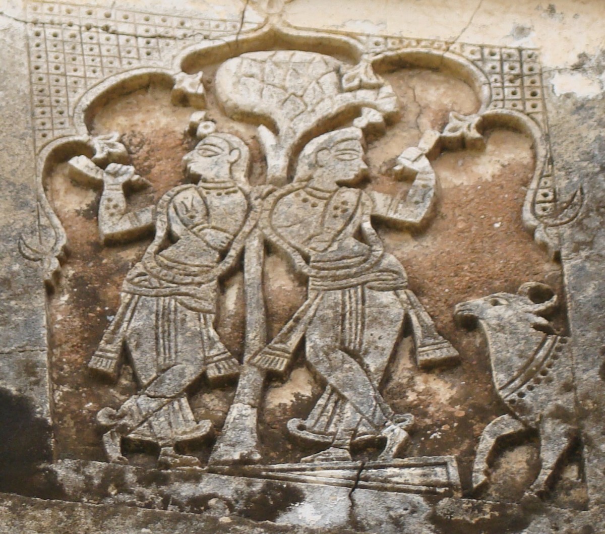 Shri Krishna with Balarama; stucco work; Charbangla temple, Baronagar, district Murshidabad, West Bengal