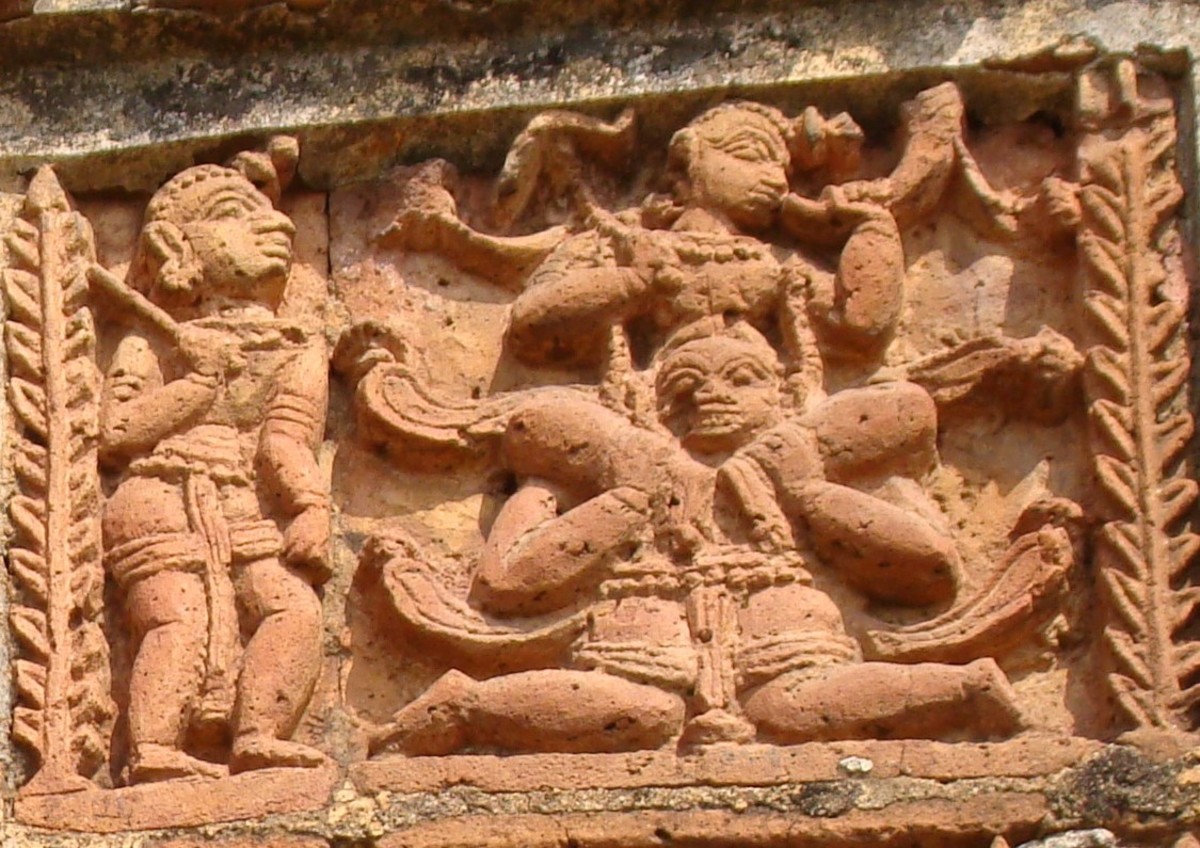 Pralambasura Badh : Killing of Pralambasura the demon by Balarama; terracotta; Jorbangla temple, Vishnupur, Bankura district, West Bengal