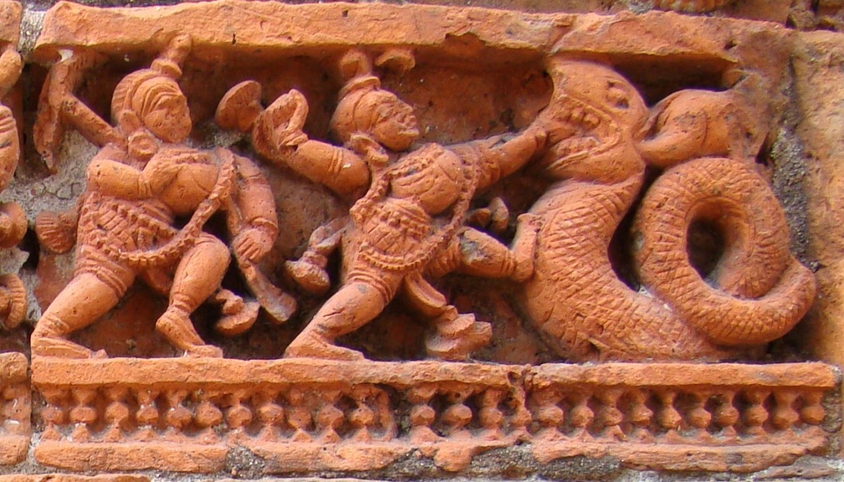 Balarama in Krishna Leela; terracotta; Killing of Aghasura  by Krishna; Ananta Basudeva temple; Bansberia, Hooghly district