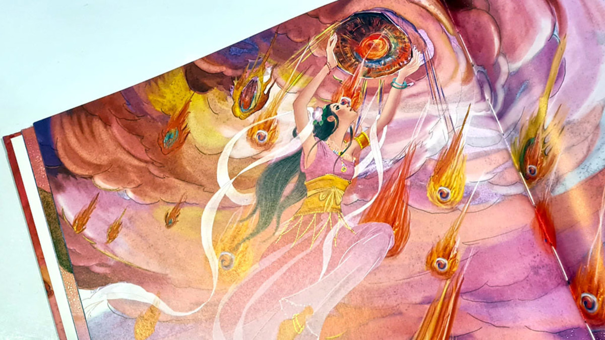 Illustration of Nüwa healing the sky in a children’s picture book by Heilongjiang Meishu Chubanshe.
