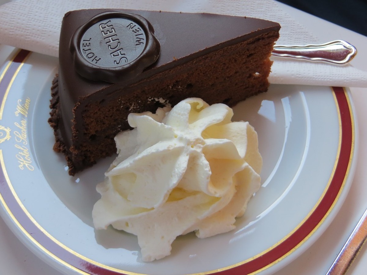 A slice of Sacher torte in the dining room of Hotel Sacher