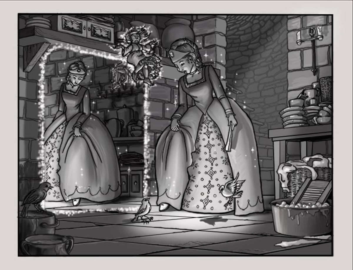 Drawing was done in Photoshop. An illustration of Cinderella and her fairy Godmother when announced she was going to the ball.