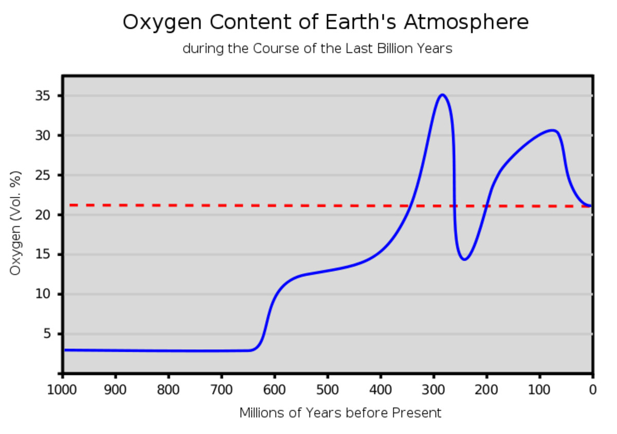 One reconstruction of oxygen level (by % atmospheric concentration.)  The Archaen-Proterozoic rise is visible, as is the crash to 15% at the end of the Permian, 250 million years ago.  Image courtesy 'sauerstoff', 'rursus' and Wikimedia Commons.