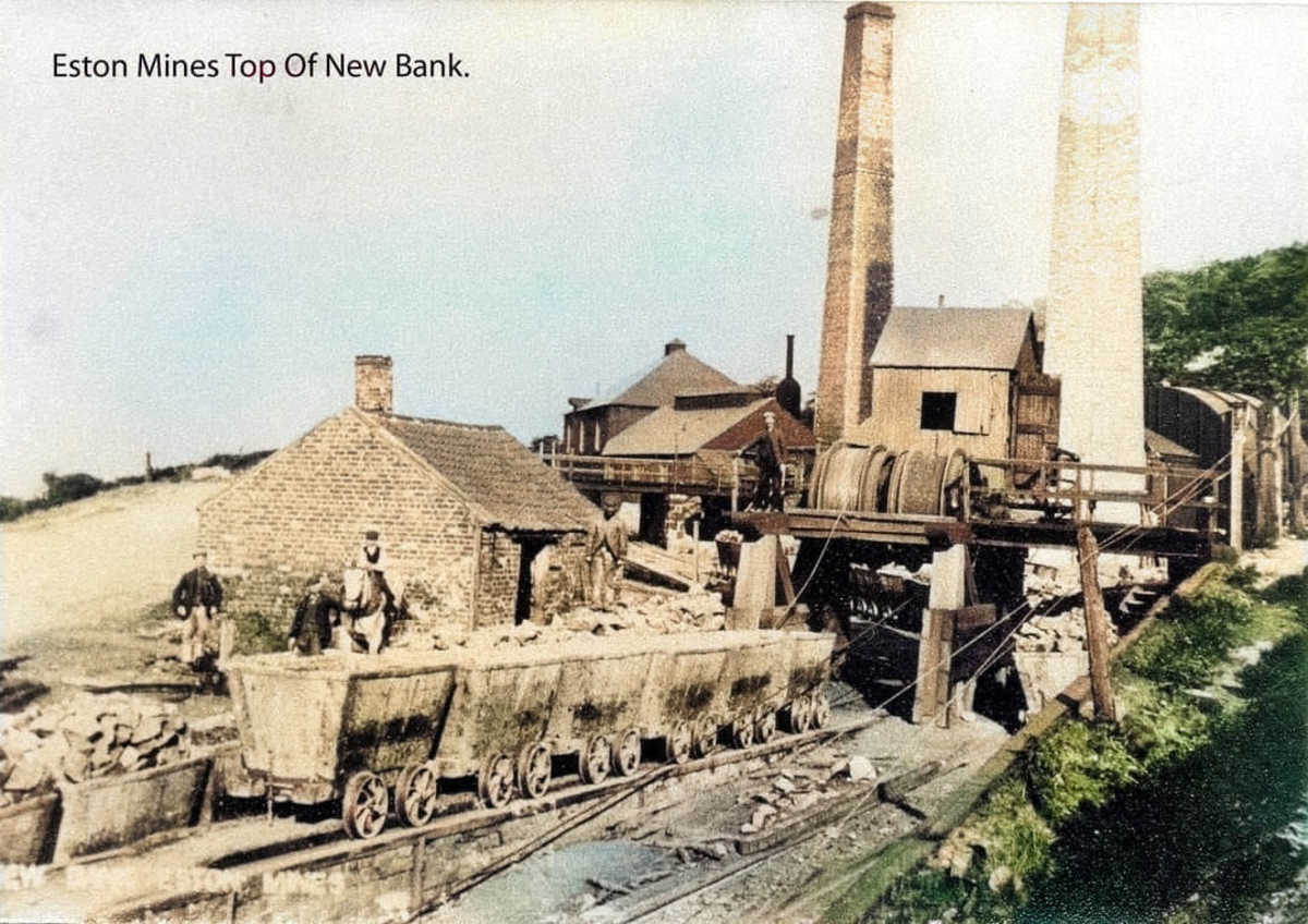 New Bank Incline Top with empty chaldron wagons drawn up for loading (colourised image) - six empties would be drawn to the bank top by six laden descending to Tip Yard under the High Street by a short tunnel.