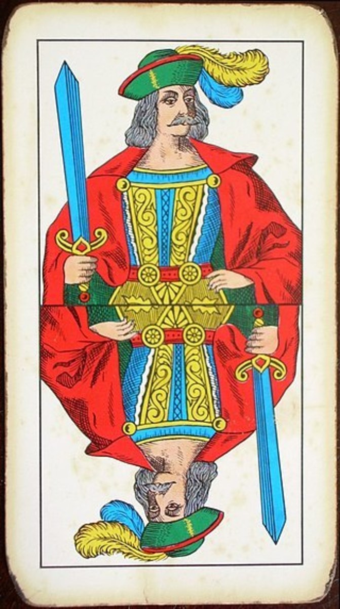 Knave of Swords ("fante di spade") from an Italian deck. The Knave of Swords is related to intelligence, emerging ideas, curiosity, and chatter.