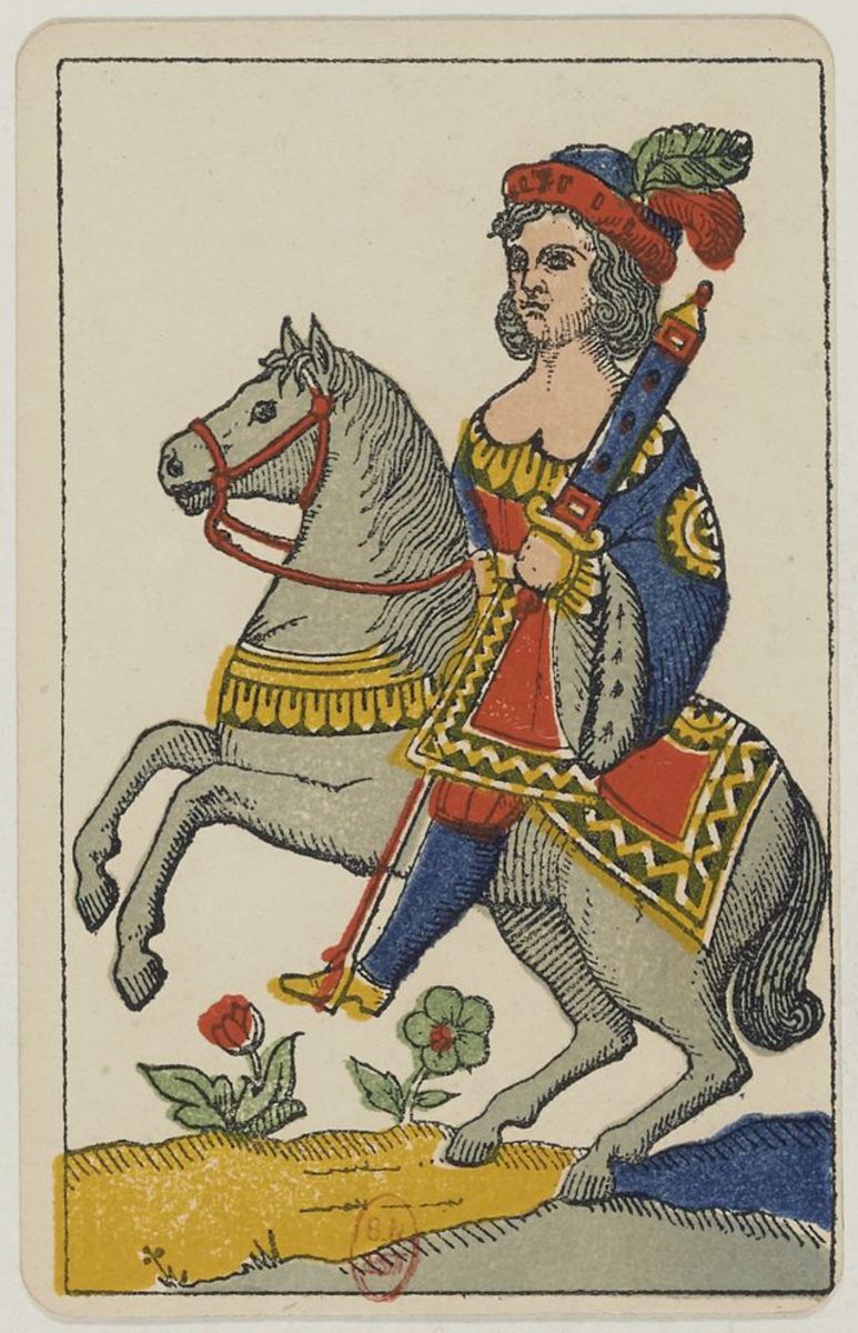 The Knight of Swords from the Aluette deck. Created around 1858-1890.