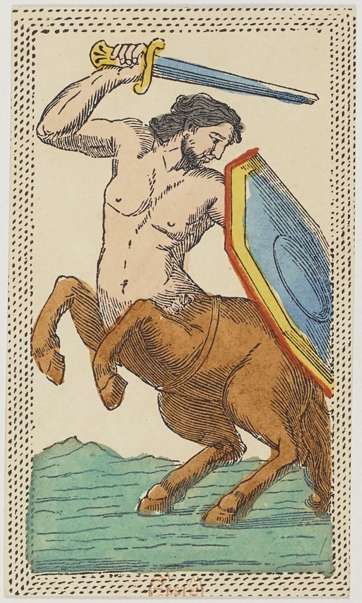 The Knight of Swords in the Minchiate tarot deck. The deck was created around 1860-1890. 