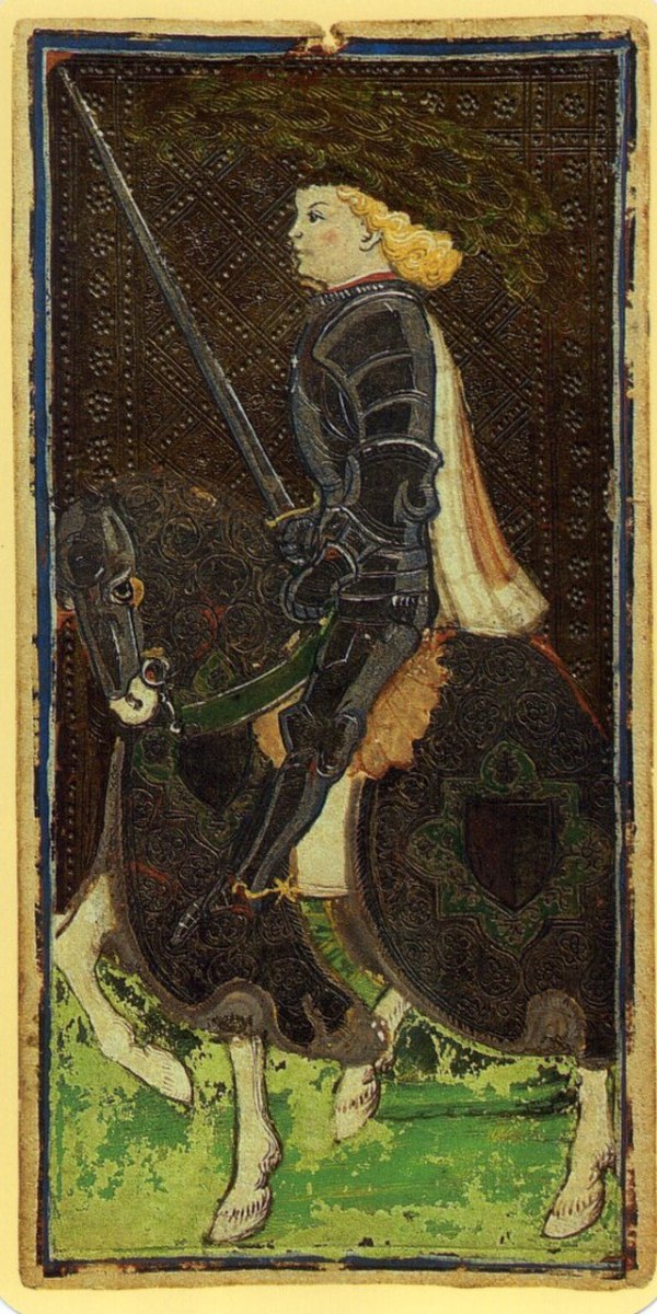 The Knight of Swords in the Visconti Sforza tarot deck. It was hand-drawn in the 15th century by artist Bonifacio Bembo.  