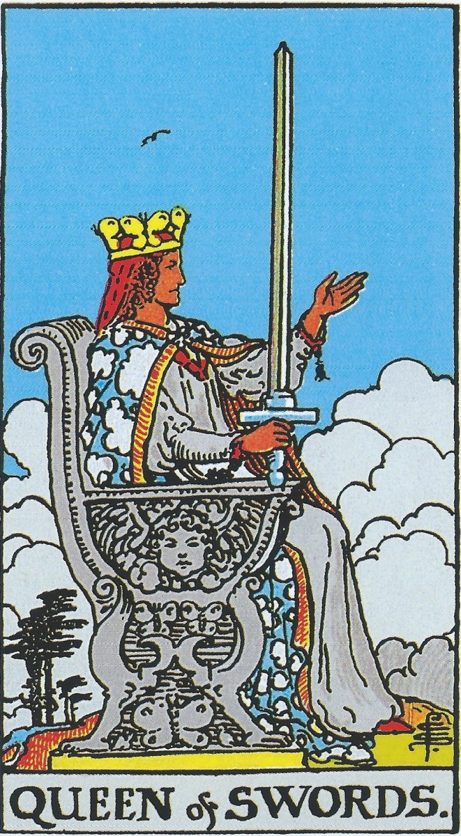 The Queen of Swords leads by balancing her mind and heart. She looks at the present needs of the people, but she also has a long-term vision for them.