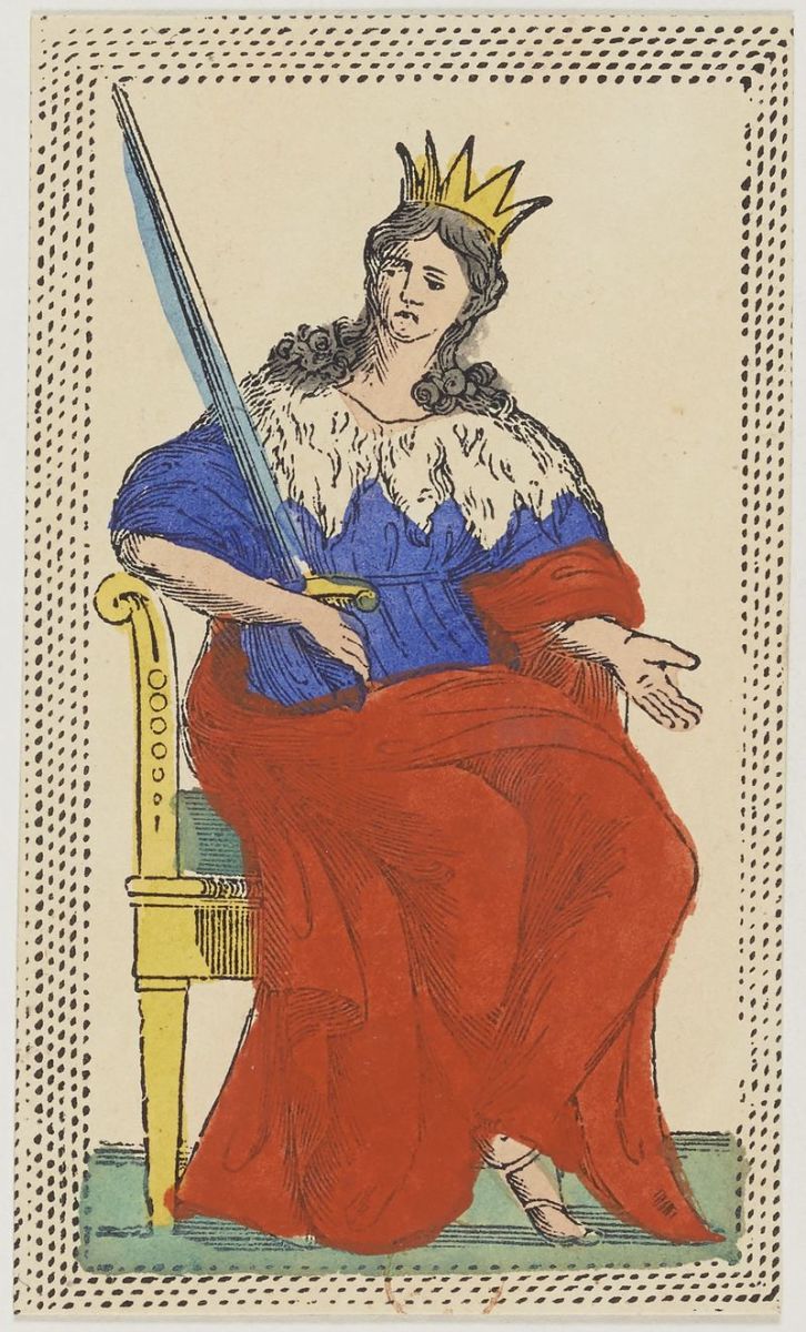 The Queen of Swords in the Minchiate card deck. The deck was created around 1860–1890.