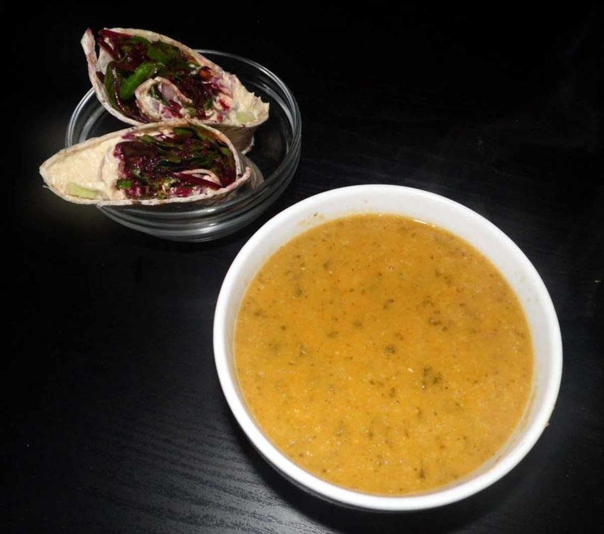 butternut squash soup with seeded wraps, hummus and salad