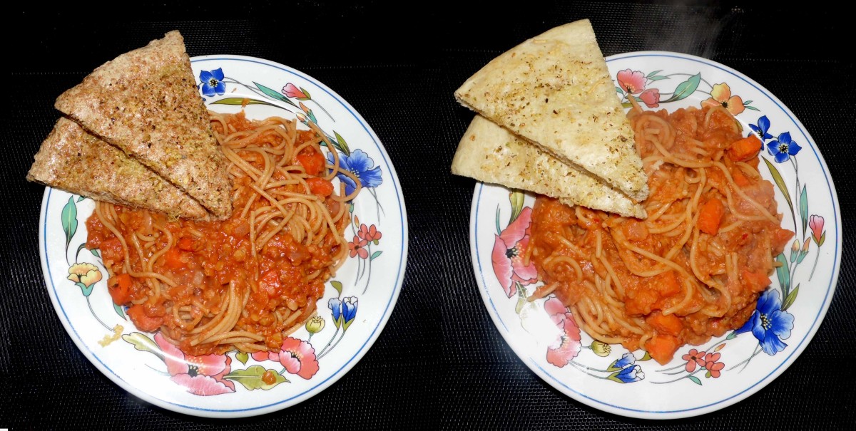Italian lentils and spaghetti with garlic bread, whole grains on the left and refined on the right 
