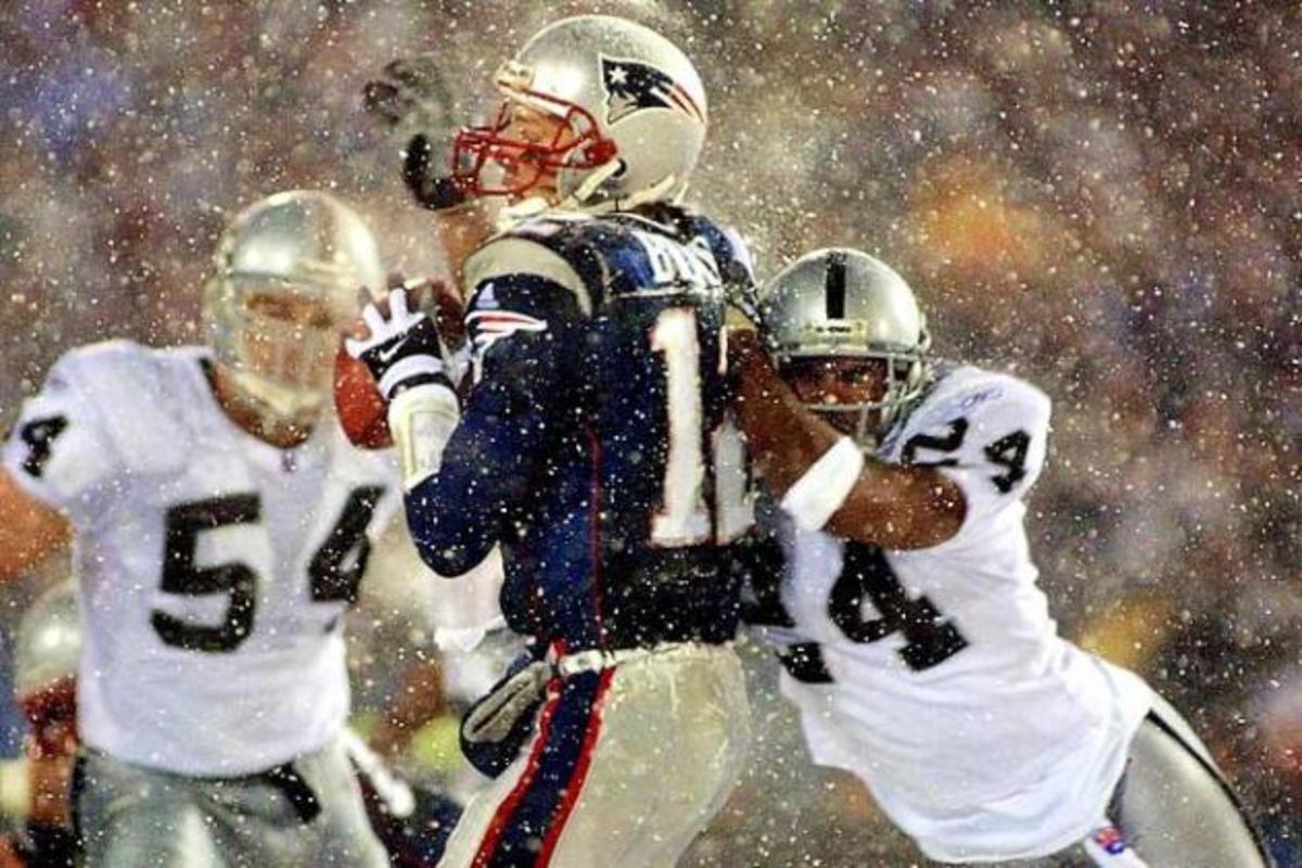 Tom Brady during the "Tuck Rule" incident on January 19, 2002.
