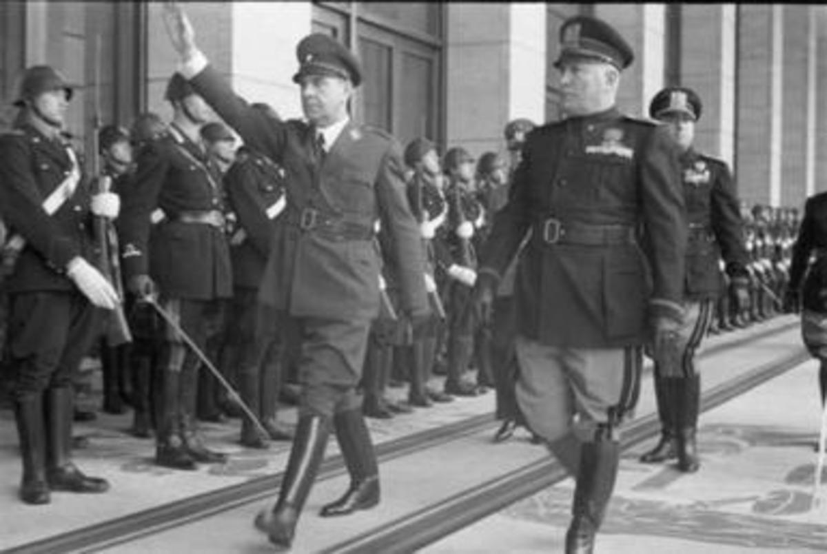 Meeting of the Fascists. Ustaše leader of Croatia Ante Pavelić (saluting) with Italy's Duce Benito Mussolini in 1941.