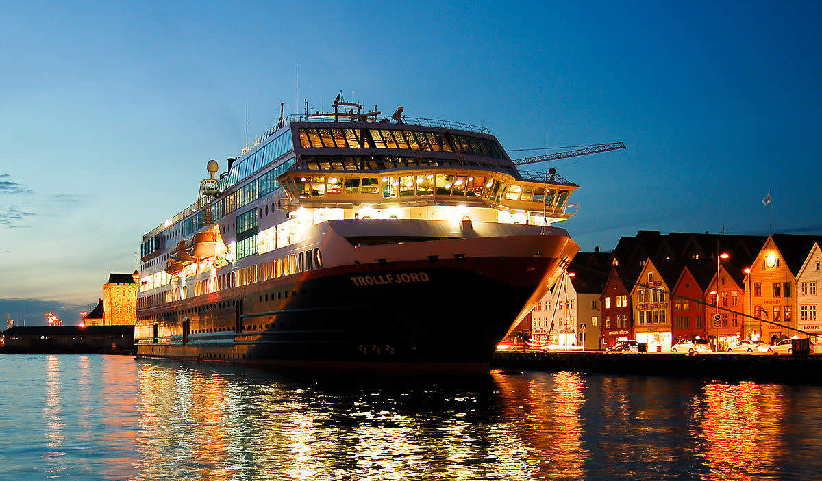 A Hurtigruten ship at the harbour in Bergen, Norway. 