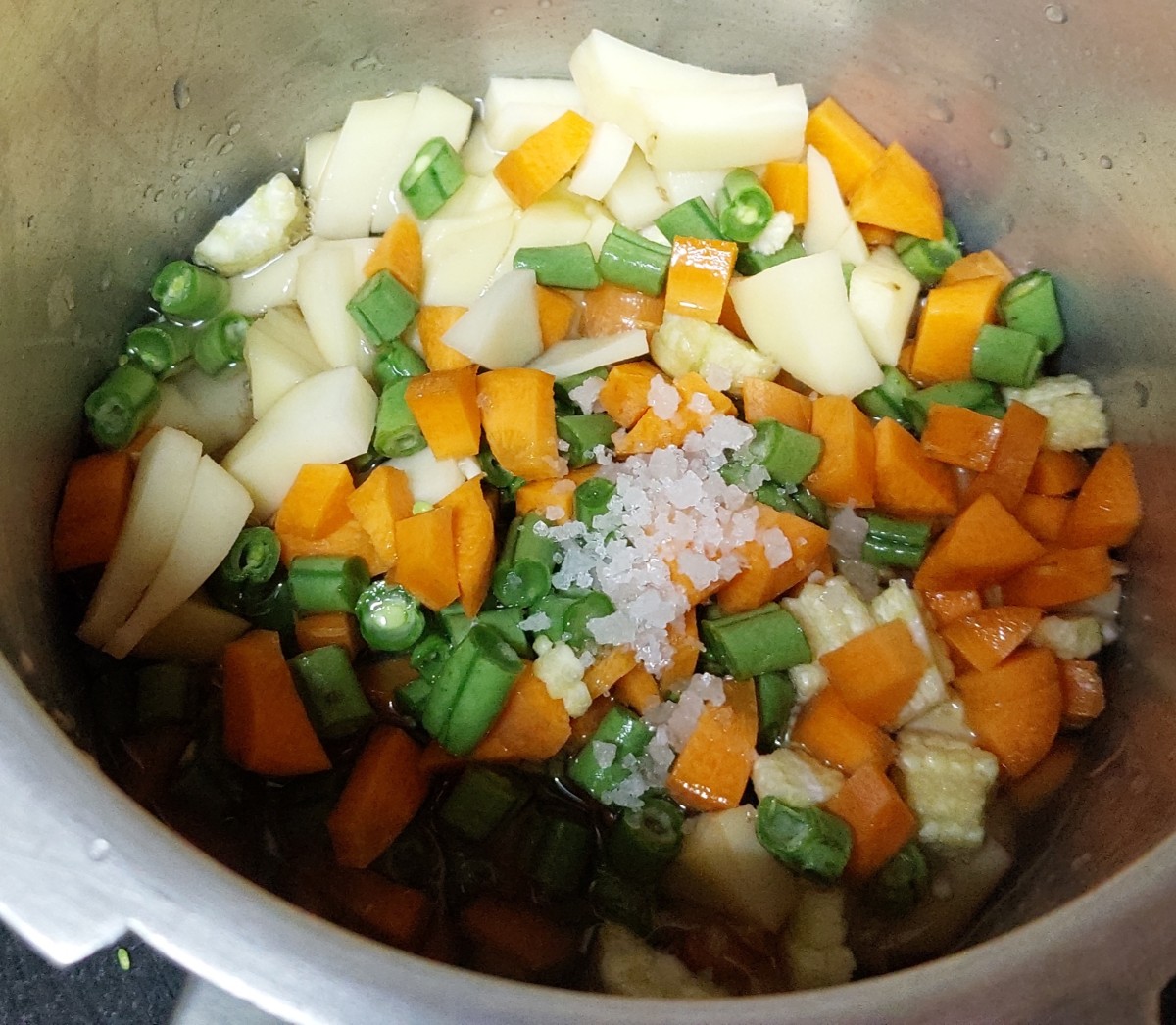 Transfer all of the vegetables to a cooker. Add water and salt.