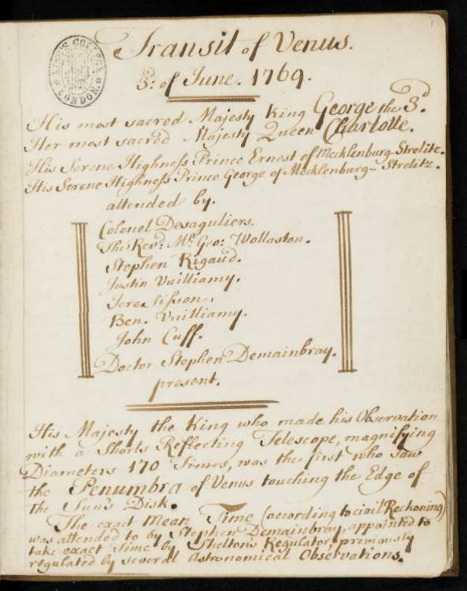 King George III's paper on the 1769 Transit of Venus.