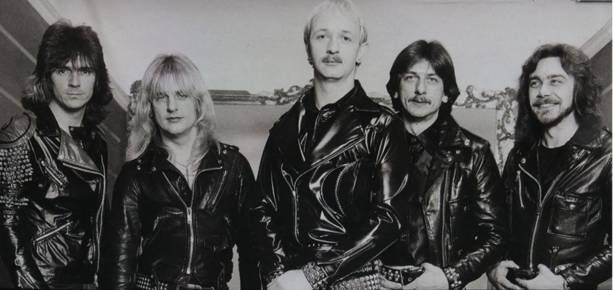 Judas Priest 1981 L–R: Glenn Tipton (gtr), K.K. Downing (gtr), Rob Halford (vox), Dave Holland (drums), Ian Hill (bass)